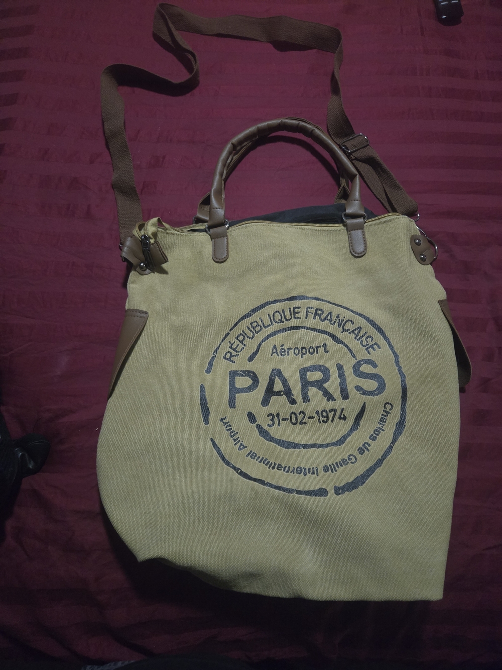 Canvas Messenger Tote Bag - Tan with Paris Stamp
